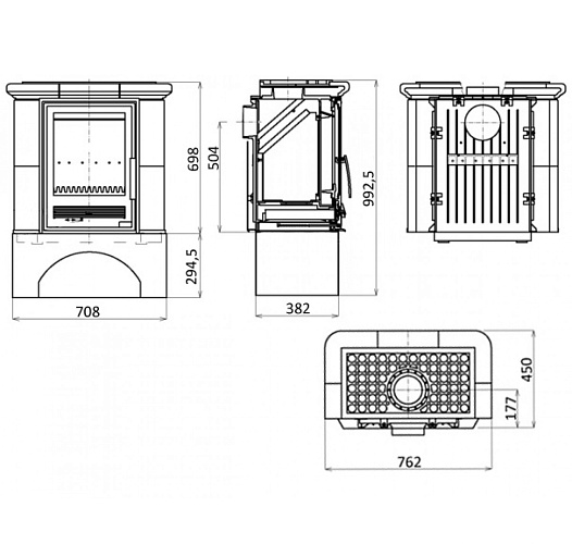 Кафельная печь Bavaria K - вставка комбо, прямой цоколь бордо, с теплообменником (4,2 кВт в воду)_3